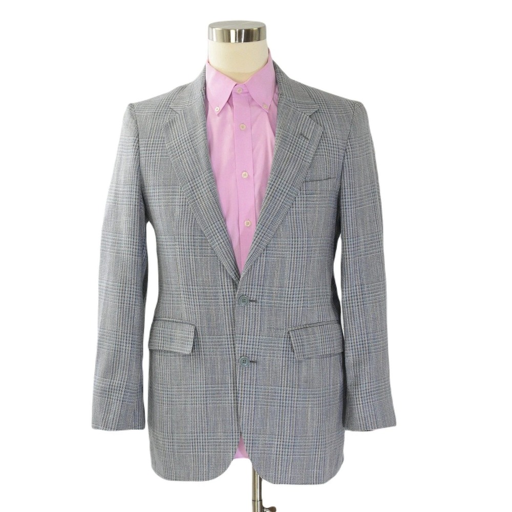 80s Silk Icy Blue Plaid Blazer Warren Scott Mens Size 38L 2 Button Trendy Jacket